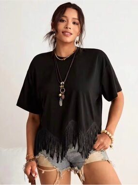 Black Fringe Hem Short Sleeve Top